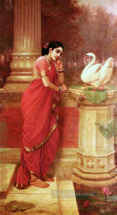 Ravi Varma Princesa Damayanthi hablando con Royal Swan sobre Nala Pintura al óleo